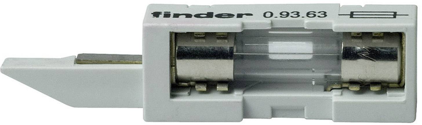 En hvid sikringsholder fra Finder, modeltype '0.93.63', med en glasrørsikring og metalliske kontakter.