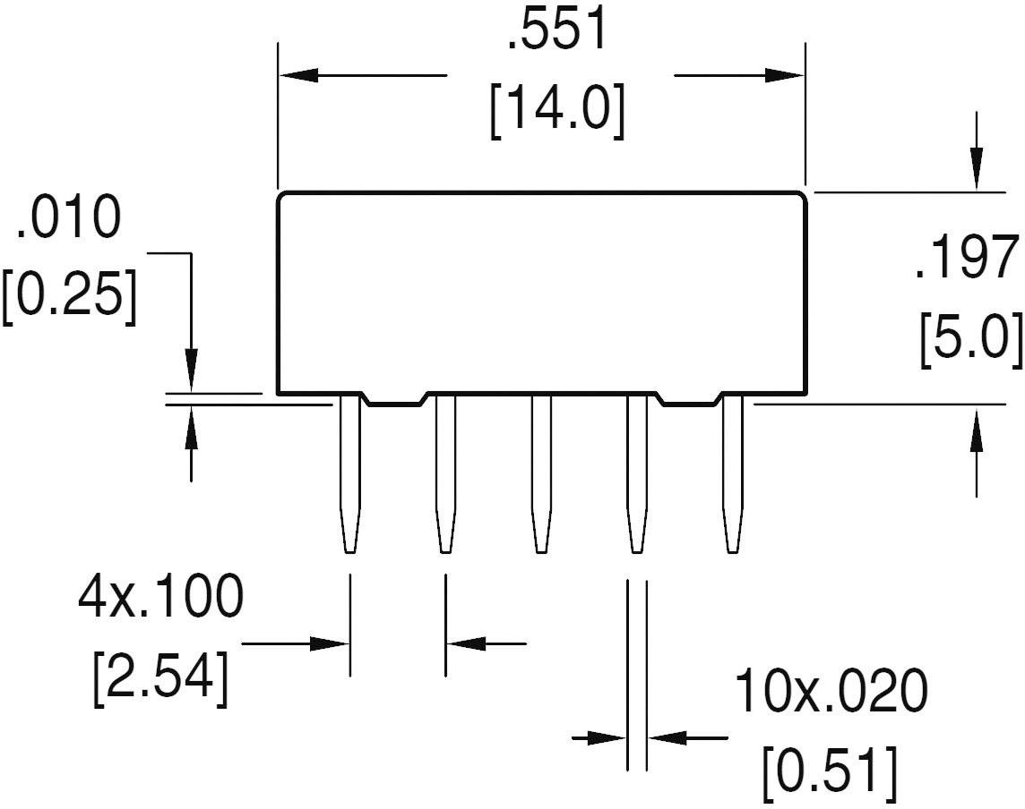 Et teknisk diagram viser målene for en elektronisk komponent med fire ben: Bredde 14 mm, højde 5 mm, ben-afstand 2,54 mm.