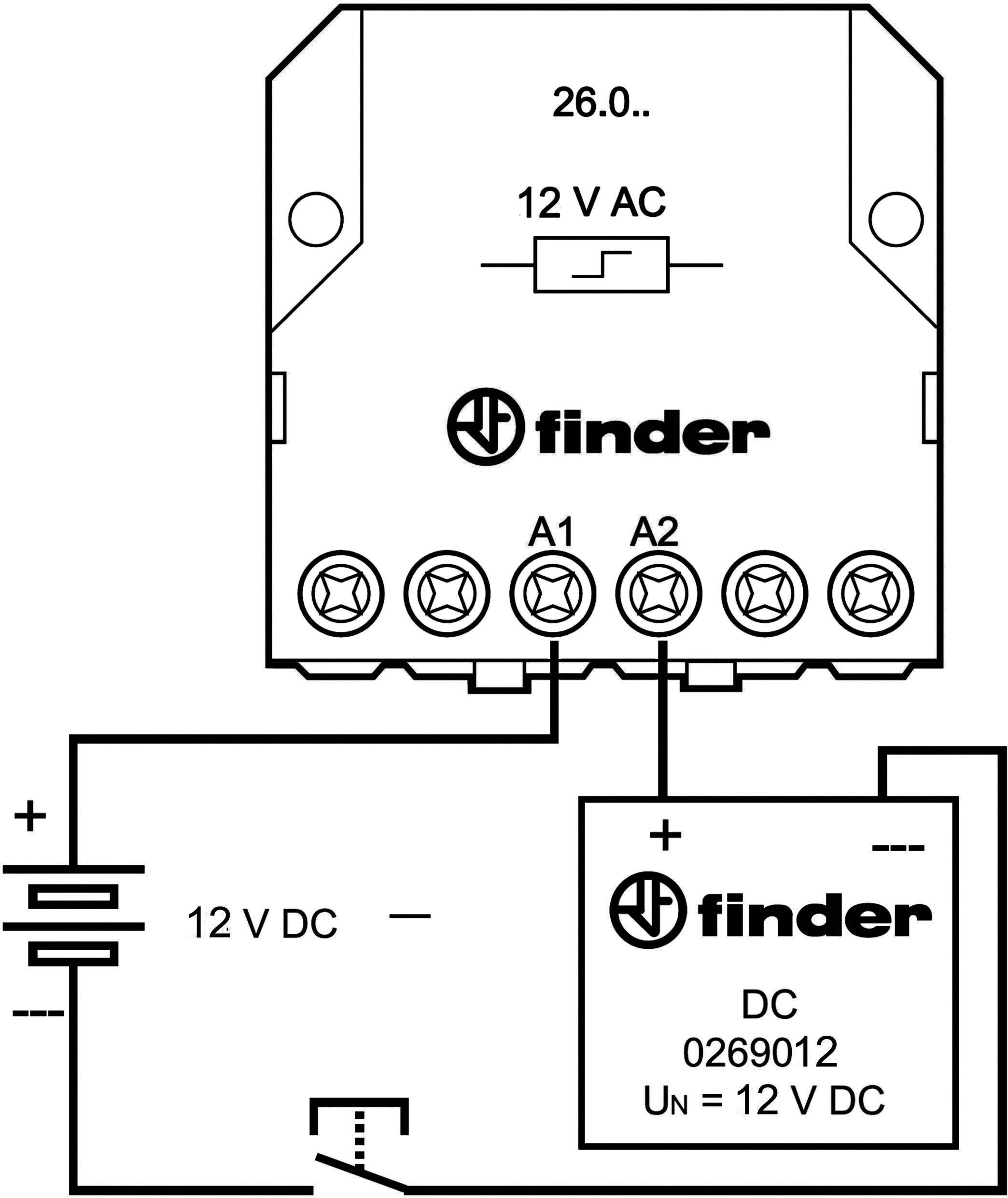 Diagram over forbindelsen af et relæ med 12 V AC og DC. Viser forbindelser og tilslutninger til en specifik enhedstype.