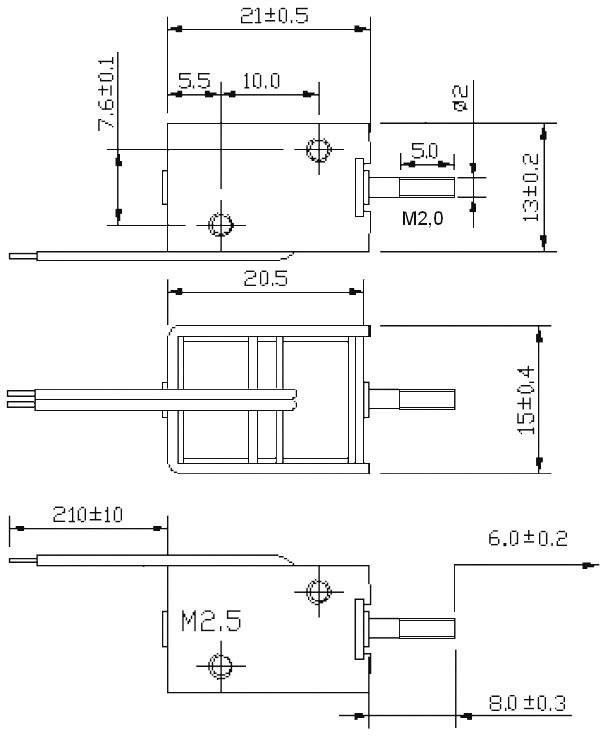 Teknisk tegning af en elektrisk komponent med nøjagtige mål og specifikationer. Viser side-, top- og frontvisning.