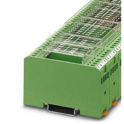 En grøn elektronisk tilslutningsblok med flere stikforbindelser og transparente afdækninger, bruges til tavle- og skabsinstallation.