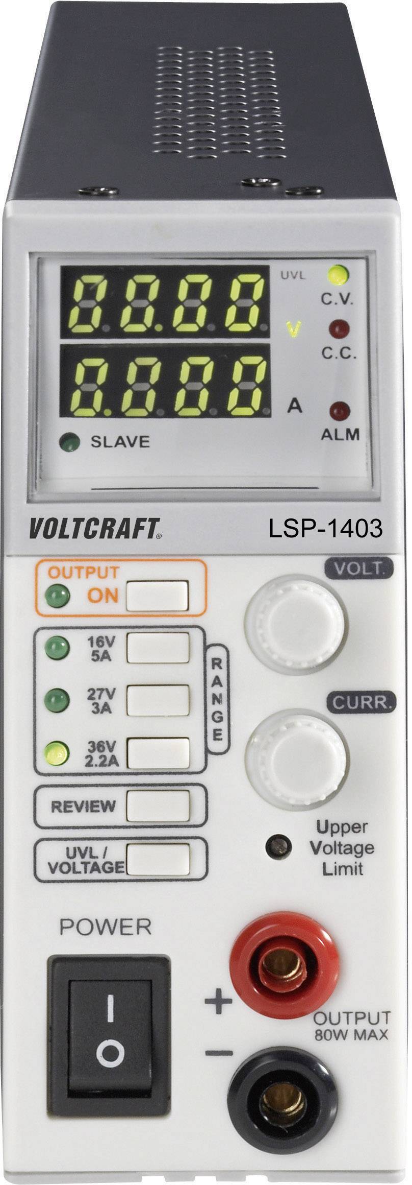 VOLTCRAFT LSP-1403 Laboratoriestrømforsyning, indstillelig Kalibreret (SCS akkrediteret laboratorium (SCS)) 0 - 36 0 - 5 A 80 W Master-/slave-funktion Antal udgange 1 x