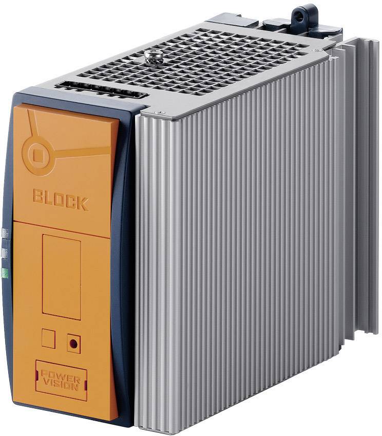 En orange-grå elektronisk enhed med teksten 'Block' på forsiden, sandsynligvis et industrielt strømforsyningsmodul.