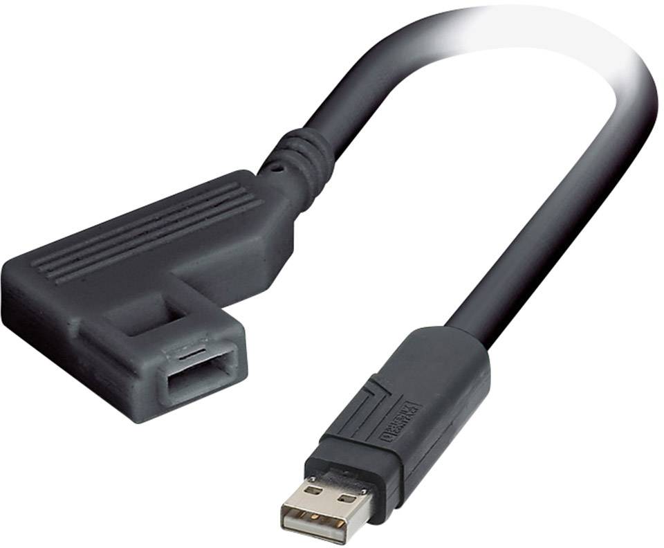 Et sort USB-kabel med et vinklet stik, velegnet til trange pladsforhold ved tilslutning af enheder.