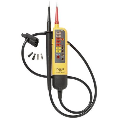 Fluke T140 topolet spændingstester med rød og sort testspids, der viser spænding og strømtype på et LED-display.
