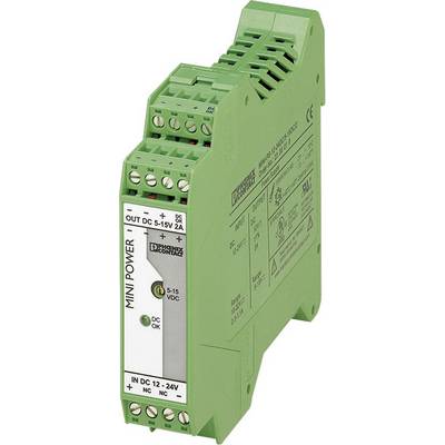 Et grønt hus til en elektronisk enhed med påskriften 'MINI POWER'. Den har tilslutningsklemmer og LED-indikatorer for DC-udgang 5-15V, 2A samt indgangsspecifikationer DC 12-24V.