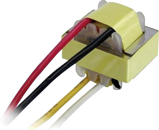 En gul elektrisk transformator med røde, sorte, gule og hvide kabler stikker op fra toppen.