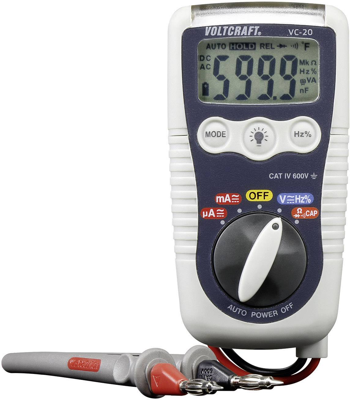 Digitalt multimeter med displayvisning '599.0', drejeknap til funktionsvalg og måleledninger. Egnet til forskellige elektriske målinger.