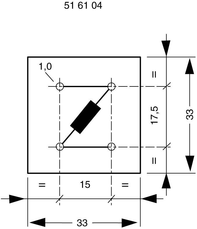 Elektronisk kredsdiagram med en modstand, placeret diagonalt i et kvadrat. Mål: 33x33 mm, afstand 17,5 mm, modstand 1,0 Ohm.