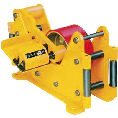 En gul håndtape-dispenser med orange greb og rødt bånd, velegnet til udrulning af tape ved emballagearbejde.