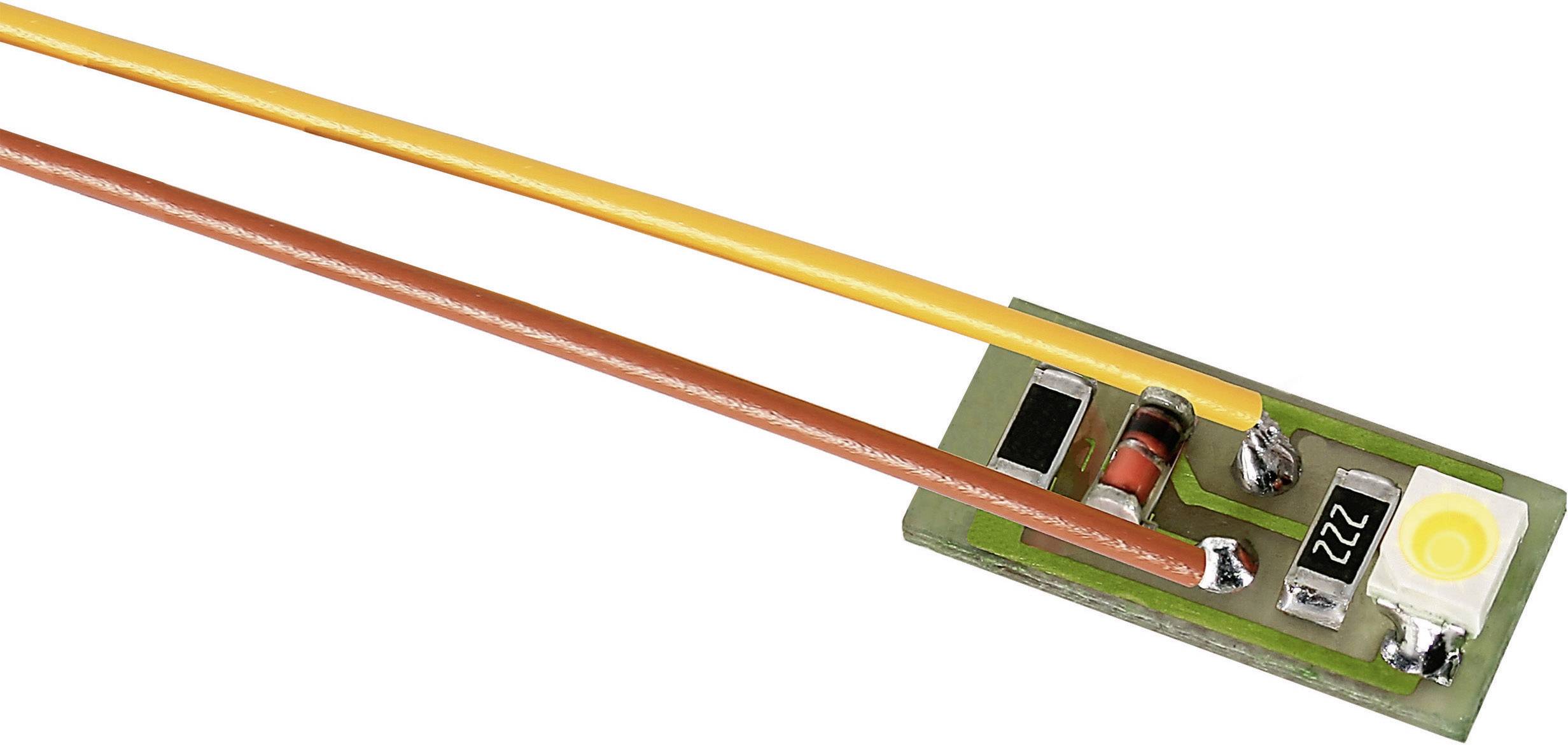 Elektronisk kredsløb med to tilslutningsledninger, en modstand, en diode og en gul LED.