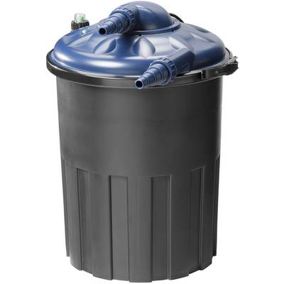 Et sort cylinderformet filter med et blåt låg og to tilslutninger, sandsynligvis til en dam eller swimmingpool.