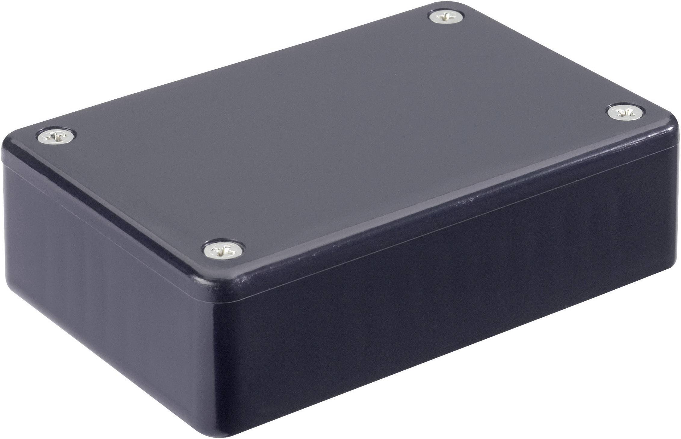 Rektangulær sort kasse med skruer i hjørnerne på oversiden. Egnet til elektroniske enheder eller kredsløb.