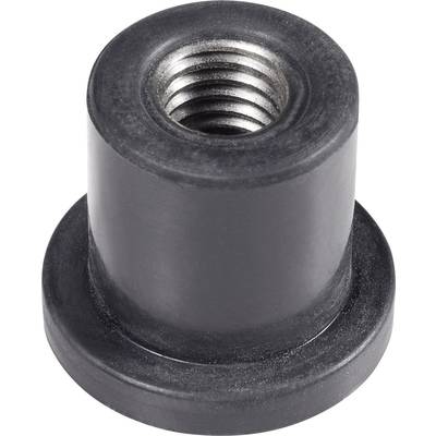 Sort, cylindrisk plastikdel med et centralt, indvendigt metalgevind. Egnet til fastgørelse eller montering.