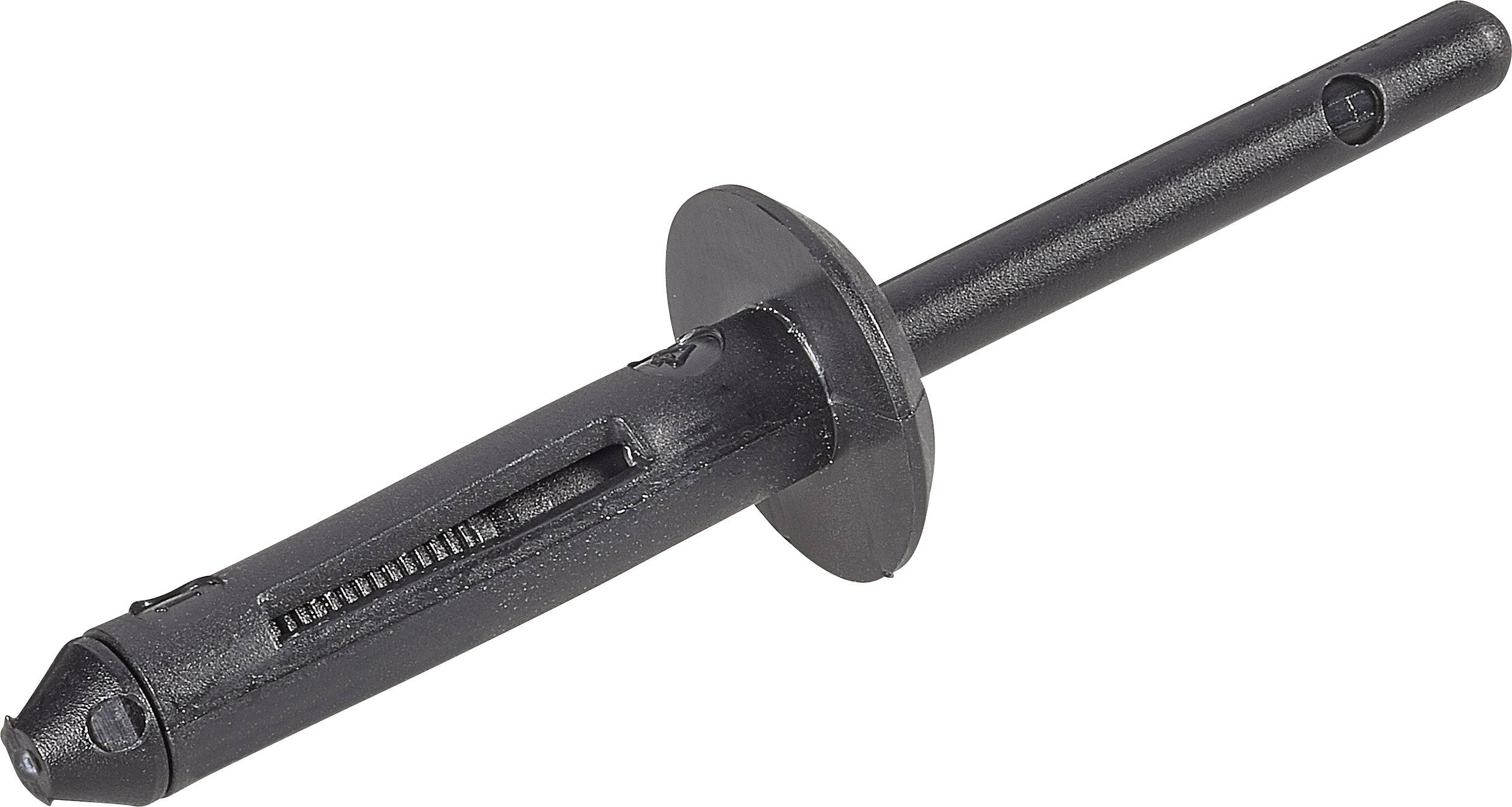En sort plastikdybel med flange, som bruges til befæstelse i vægge. Den har en glat overflade og en slank skaft.