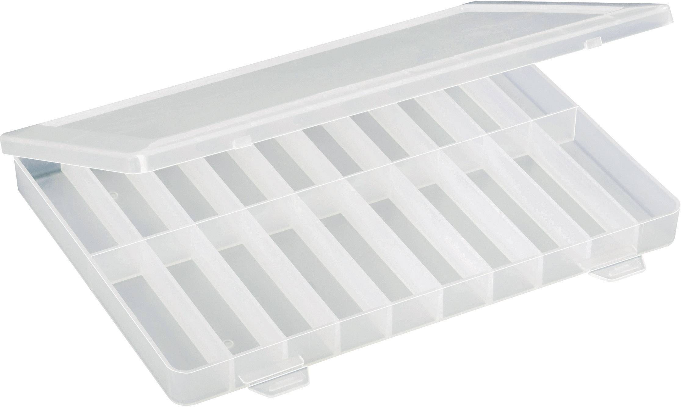 Gennemsigtig plastboks med opklappelig låg, 11 rum til opbevaring af små genstande synligt.