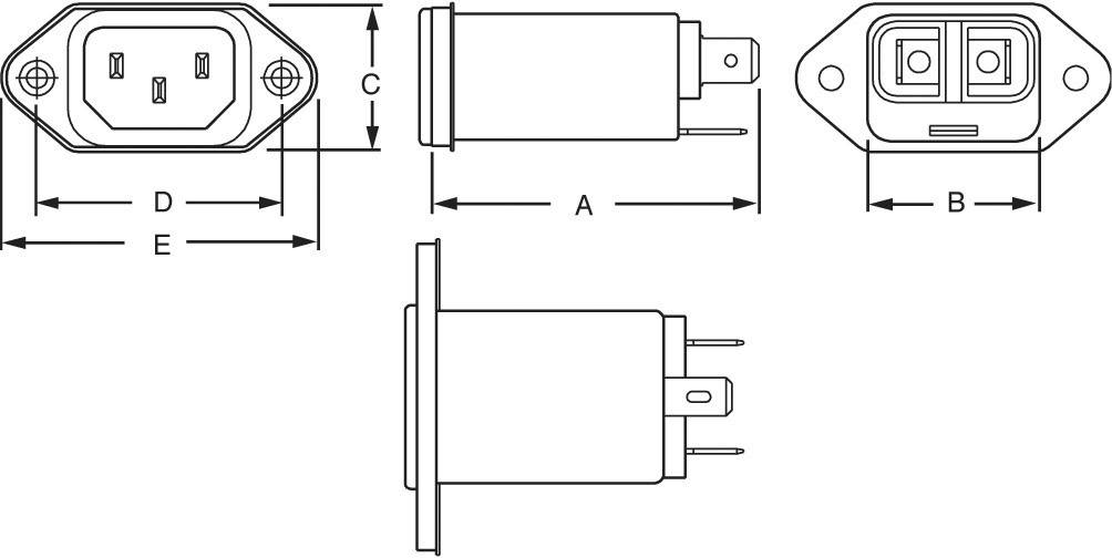 Tekniske diagrammer af en elektrisk stikforbindelse i tre visninger: Front-, side- og topvisning. Mål A, B, C, D, E vist.
