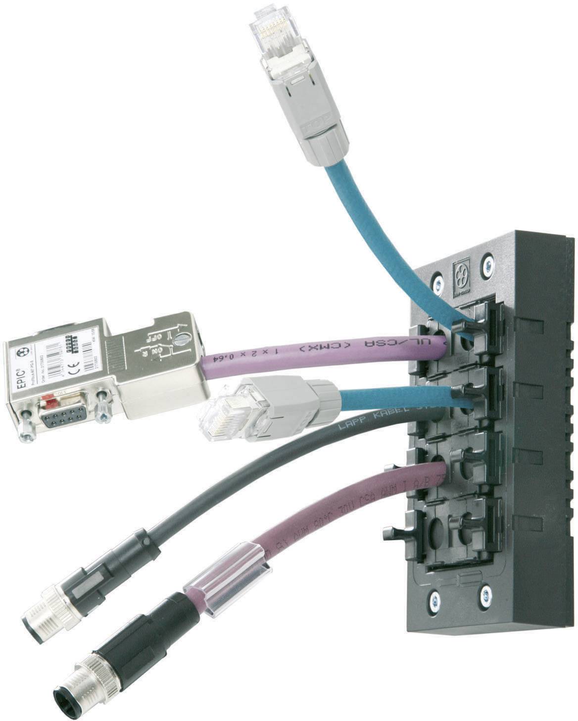 Et kontrolpanelindsats med seks monterede kabler, som er designet til Ethernet- og M12-tilslutninger.
