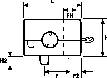 Teknisk tegning af en rektangulær komponent med cylindrisk åbning og pil. Mærket med dimensionerne H, L, H2, FH.