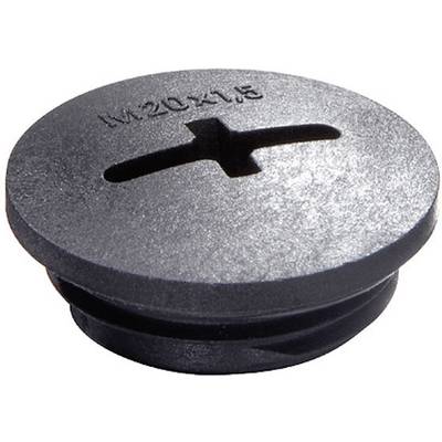Rund, flad, sort plastikskruelåg med kærv og påskrift 'M20x1.5'.