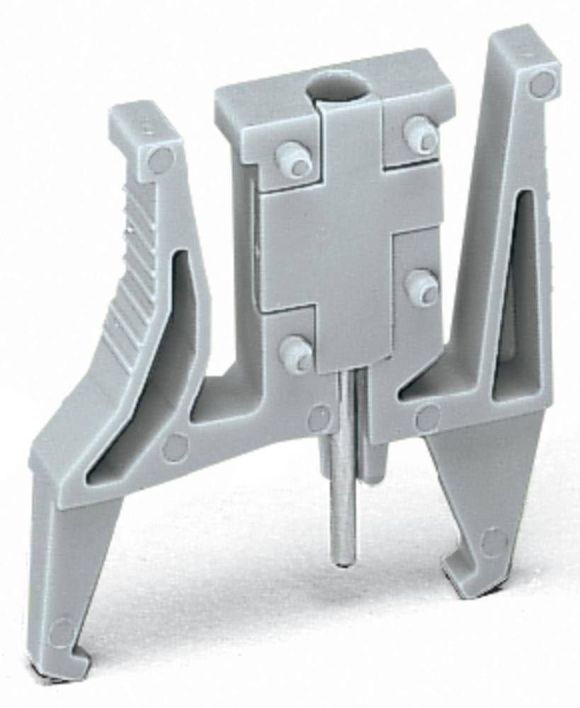 Grå plastikfod med symmetrisk design og metalstang i midten, sandsynligvis til stabilisering af enheder eller moduler.