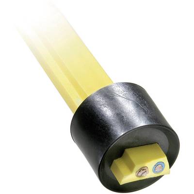 Et gult elkabel med en sort stik og to kobberledere er synligt.