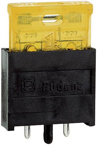 Gul sikring med påskriften "Pudenz" og to metalstifter i den nedre ende.