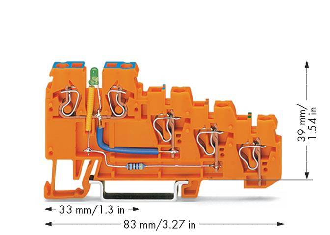 Orange klemmeblok med kabelstik, dimensioner 83 mm længde, 33 mm bredde, 39 mm højde; viser eksempler på kabelføring.