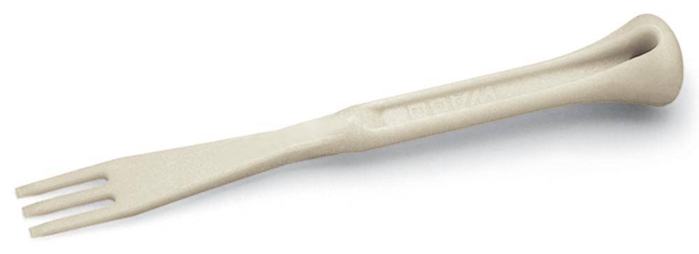 En lille, beige engangsplastgaffel med tre tænder, let buet og med et smalt håndtag. Perfekt til engangsbrug.