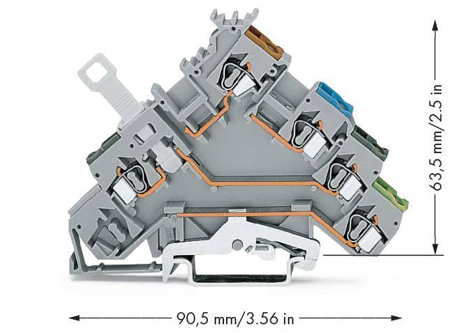 Illustration af et flerstrenget klemmebeslag-system med mål: 90,5 mm bredde, 63,5 mm højde. Arrangement til parallelle kredsløb.