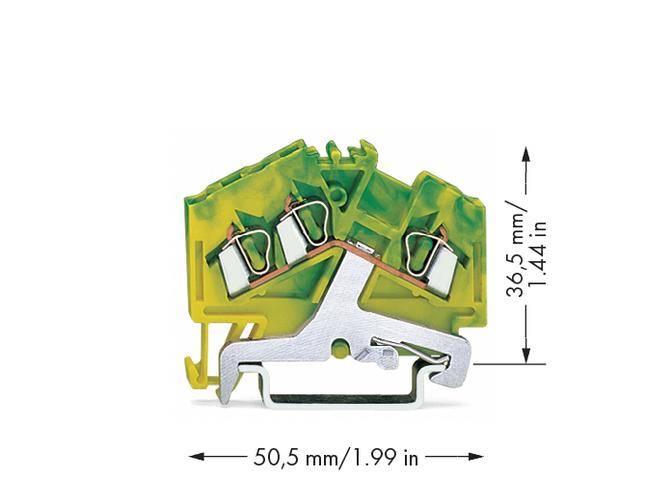 En gul-grøn elektrisk stikforbindelse set fra siden med en bredde på 50,5 mm og en højde på 36,5 mm.