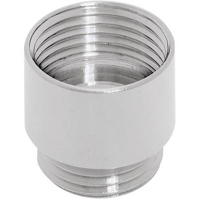 En sølvfarvet metaladapter med udvendigt gevind, egnet til sanitære installationer.