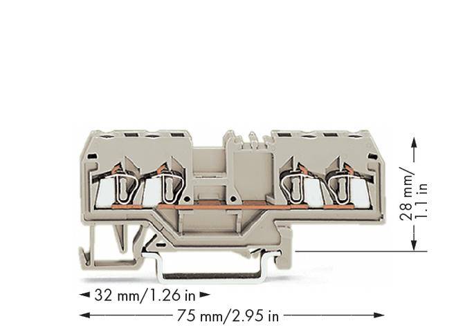 Dobbeltdæknings installationsklemme med dimensioner på 32 mm x 75 mm x 28 mm, viser målene i millimeter og tommer.