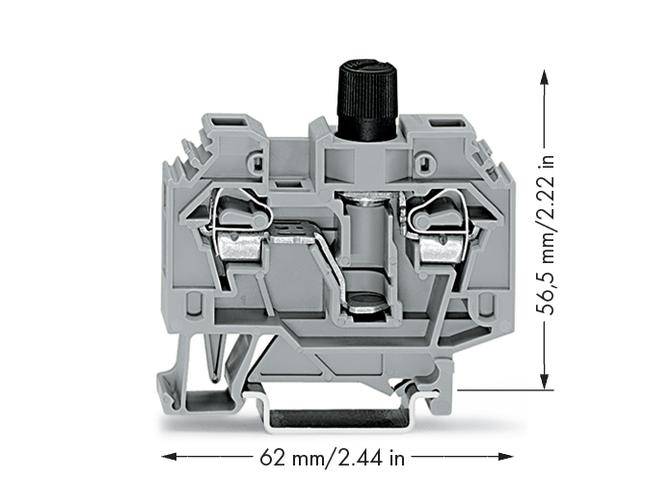 Grå-blå klemmodul med dimensioner: højde 56,5 mm, bredde 62 mm. Viser den indvendige mekanisme med skrueklemmer.