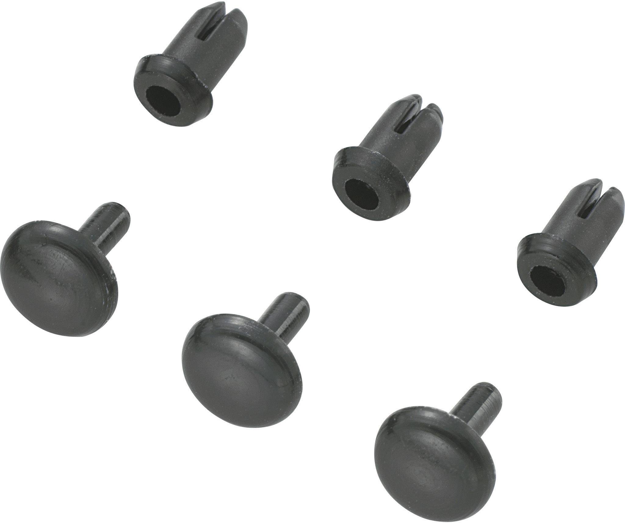 Seks sorte plastiknipler på hvid baggrund, forskellige visninger af niplernes hoveder og skafter, egnet til fastgørelse.