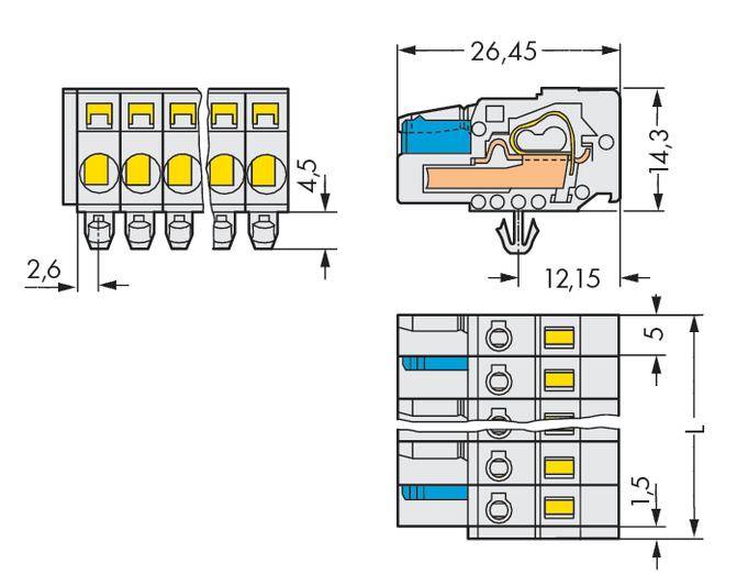 Teknisk tegning af en stikforbinder med mål og detaljer om indvendig struktur; viser tre trådtilslutninger og specificerede dimensioner.
