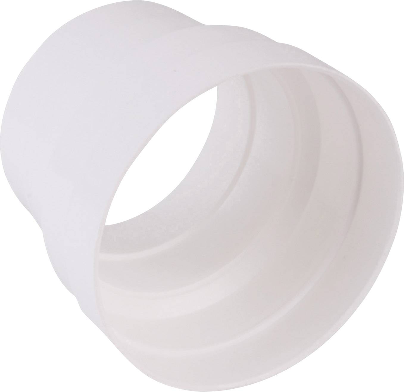 En hvid, konisk formet adapter af plast, formentlig til sanitær- eller ventilationssystemer, ligger på en hvid overflade.