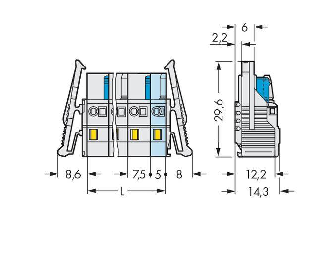 Teknisk tegning af en stikforbinder med dimensioner: Bredde 8,6 mm, Højde 29 mm, Dybde 12,2 mm. Viser side- og frontvisning.