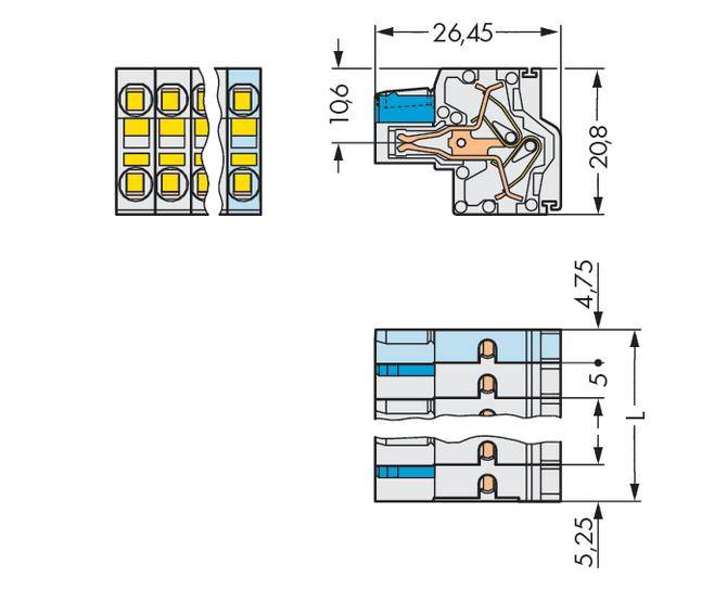 Teknisk tegning af en stikforbinder med detaljerede dimensioner: 26,45 mm bred, 20,8 mm høj, 10,6 mm dyb.