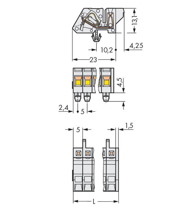 Teknisk tegning af elektriske komponenter med dimensioner i millimeter. Viser topview, forfra- og sidevisning.