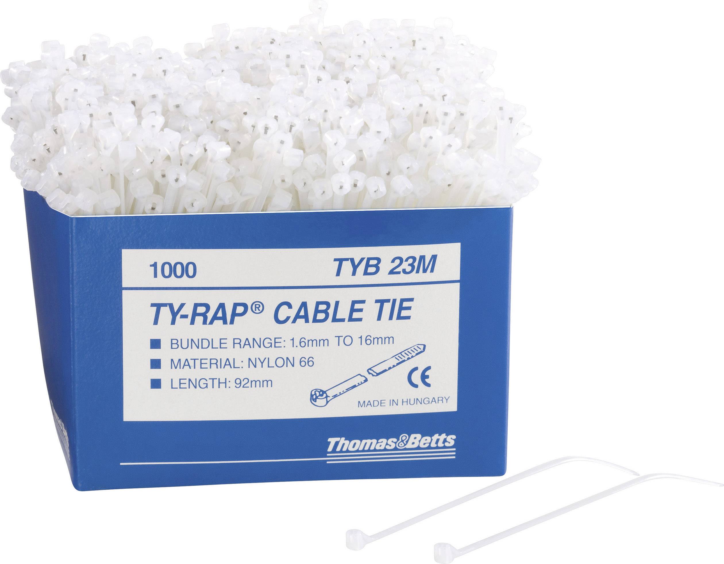 Hvide kabelbindere i en blå emballage med påskriften 'TY-RAP Cable Tie', egnet til kabelsamlinger med en diameter på 1,6 mm til 16 mm.