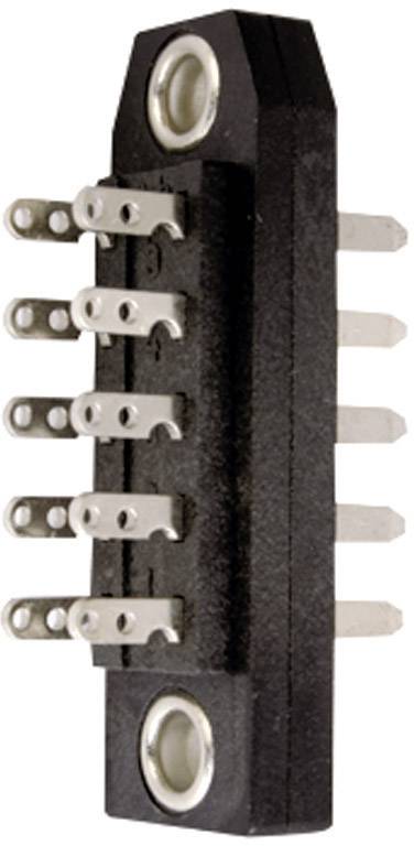 En sort elektronisk stikforbindelse med syv metalben, der rager ud i forskellige vinkler. Primært bruges den til elektriske forbindelser.