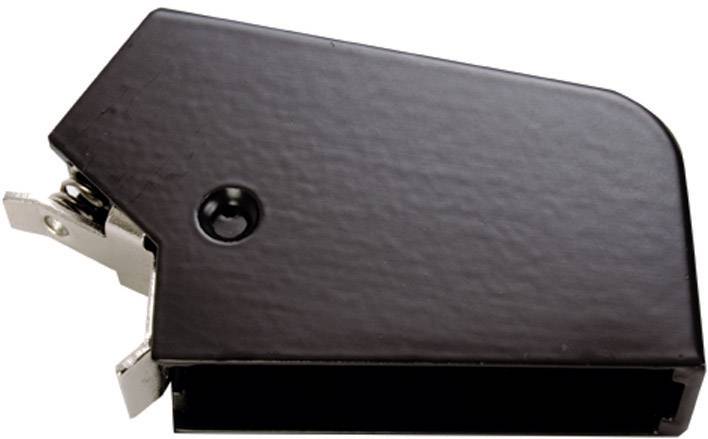 En sort metalhæftemaskine set fra siden, lukket. Den har en blank, afrundet overflade og en lille trykknap.