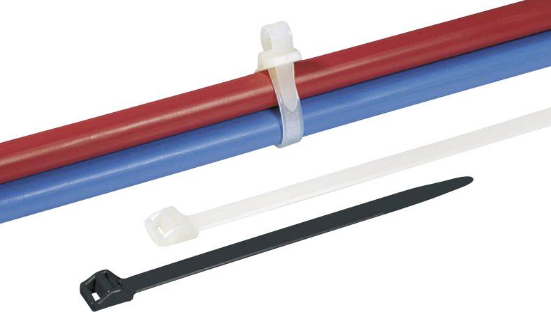En kabelbinder holder to rør med forskellige farver sammen. Ved siden af ligger en hvid og en sort kabelbinder.