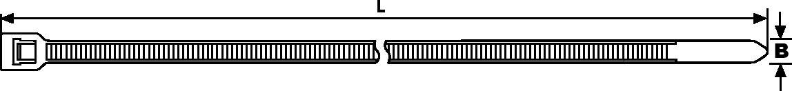 Diagram over en kabelbinder med etiketterne 'L' for længde og 'B' for bredde.