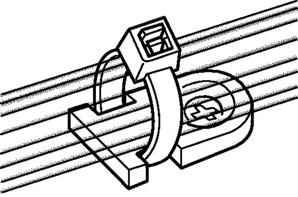 Teknisk tegning af en kabelbinder med holder, der fikserer et kabel.