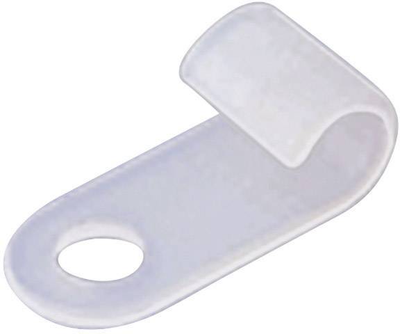 En hvid plastik kabelclips med et hul til fastgørelse og en bøjet flig til at holde kabler.