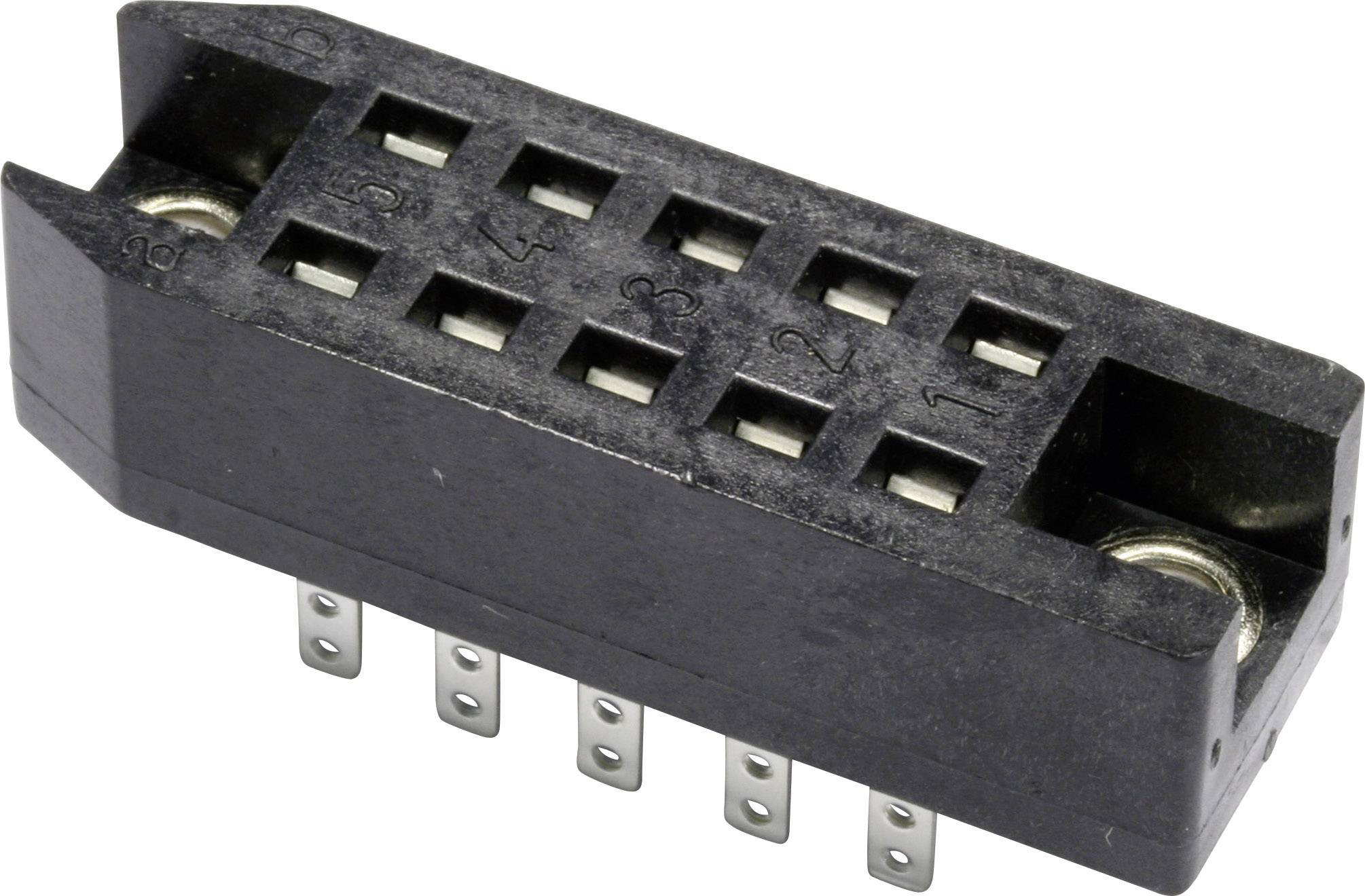 Sort 10-polet elektrisk stikforbindelse med nummererede kontakter og ben på undersiden.