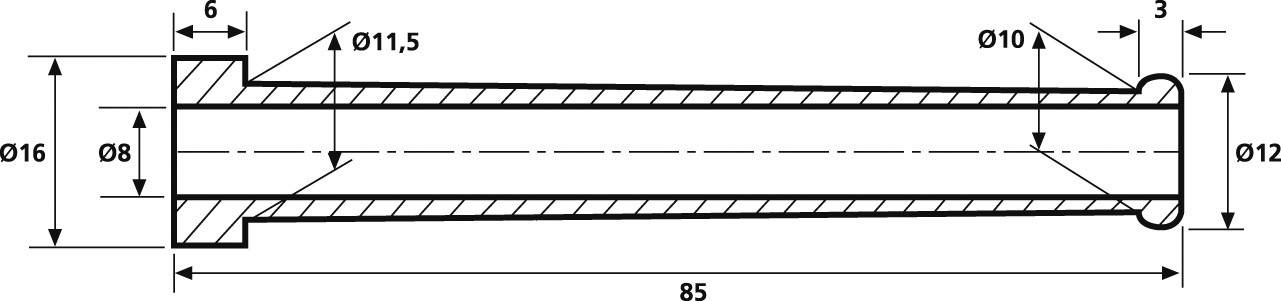 Teknisk tegning af en cylindrisk komponent med mål: Diameter 16, Længde 85, Indvendig diameter 11,5, Flange 6, Kant 3.