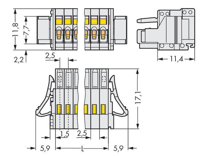 Teknisk tegning af en elektrisk stikforbindelse med dimensioner i millimeter. Viser visninger fra forskellige sider med størrelsesangivelser.